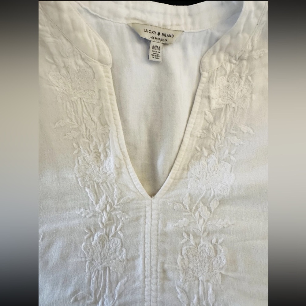 Lucky Brand White Boho Embroidered Babydoll Dress Ruffle Hem Women’s M - Picture 2 of 11